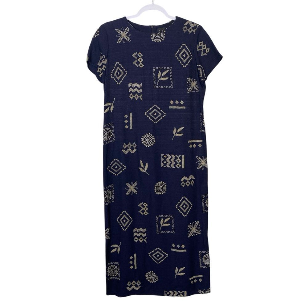 Teddi Dresses Navy Geometric Print Midi Dress Short Sleeve Vintage Style Size M